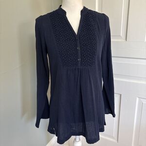 Lilly Pulitzer Navy Blue Cotton Gauze Crepe Peasant Blouse Embroidered Small